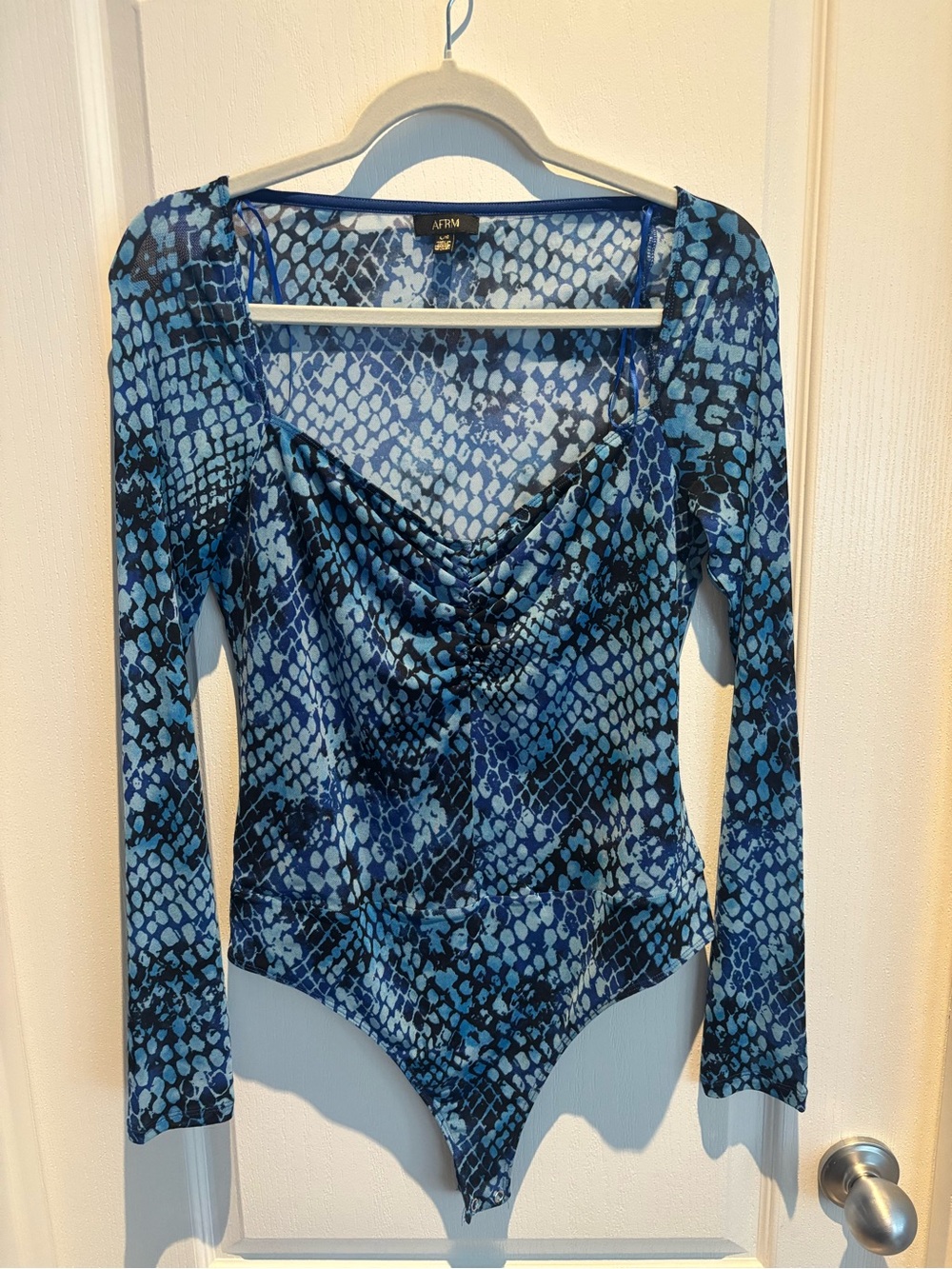 AFRM Blue Snake-Print Long Sleeve Cowl Bodysuit